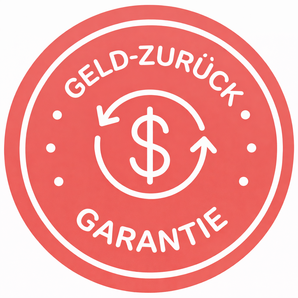 Red money-back badge with dollar symbol and arrows