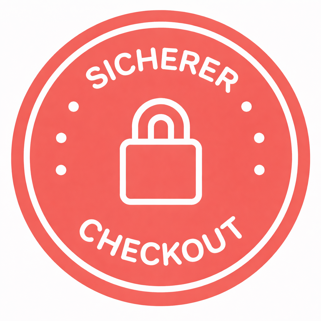 Red circular badge with padlock and 'SICHERER CHECKOUT' text