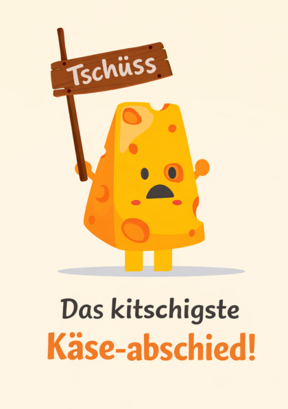 Cartoon cheese character holding a 'Tschüss' sign