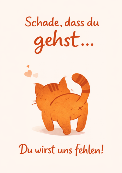 Orange cartoon cat seen from behind with farewell text