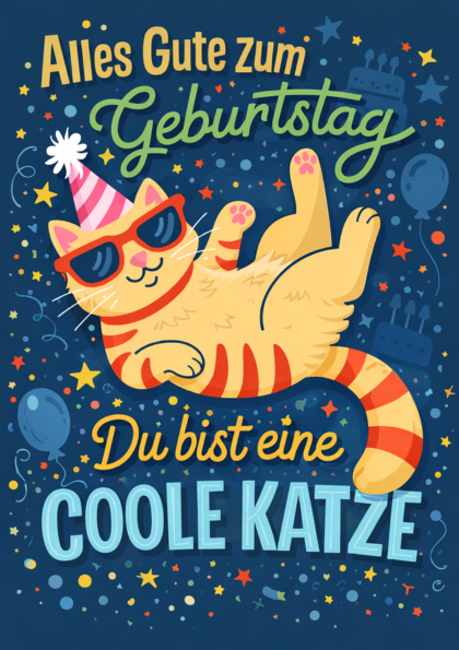 Orange tabby cat in party hat and sunglasses