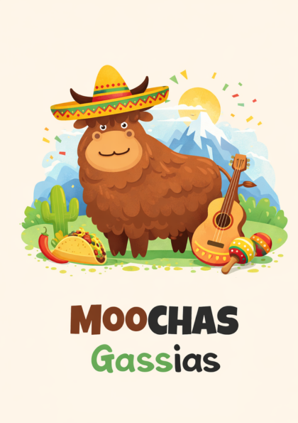 Cartoon fluffy brown cow wearing a sombrero