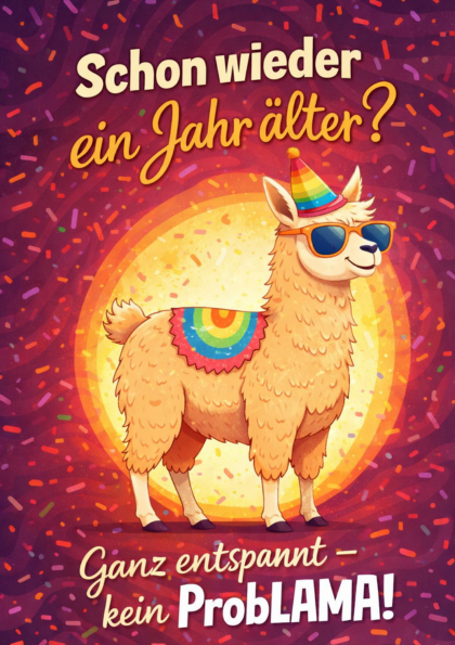 Cartoon llama with sunglasses and party hat