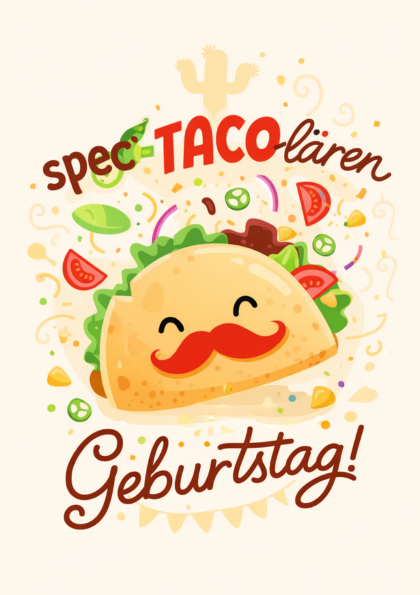 Smiling taco with red mustache and birthday text