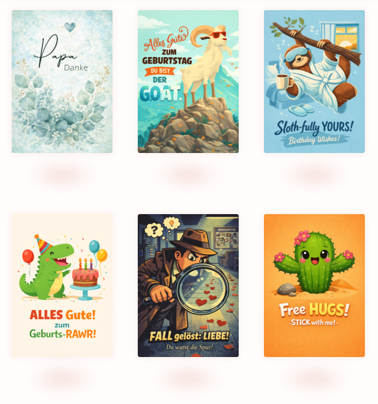 Six illustrated greeting cards in a grid
