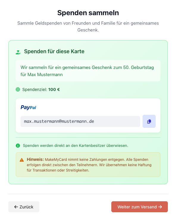 Donation form in greeting-card editor