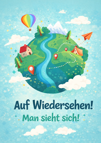 Illustrated small planet with river and travel icons