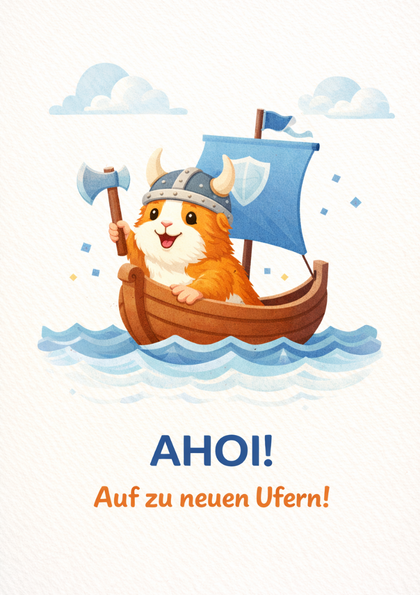 Cheerful orange animal in Viking helmet sailing a boat