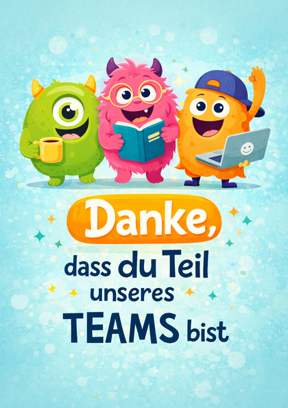 Colorful farewell card with three cheerful monsters