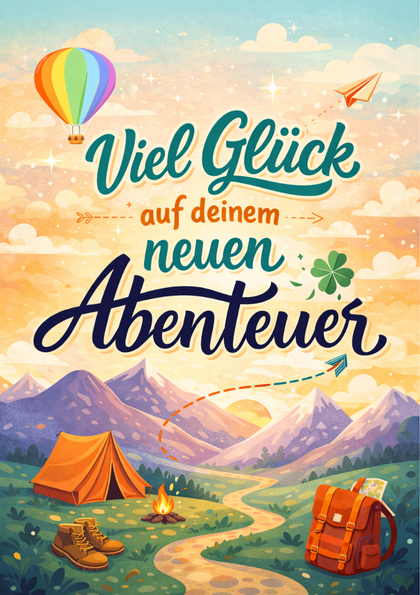 Campsite scene with 'Good luck on your new adventure' text