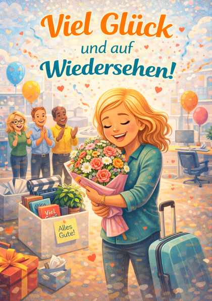Farewell card: woman with bouquet and suitcase