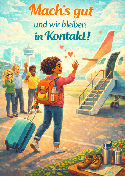 Person waving at airplane while friends say goodbye