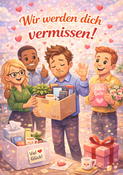 Farewell card showing a colleague with a packed box