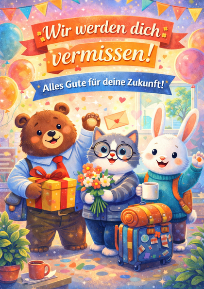 Cute animals holding gifts on a farewell card