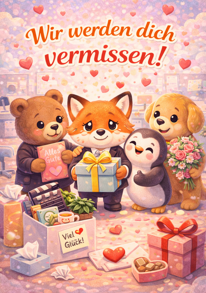 Farewell card with four cute animals and gifts