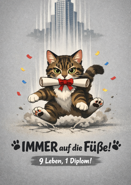 Cartoon cat landing on its feet with a diploma