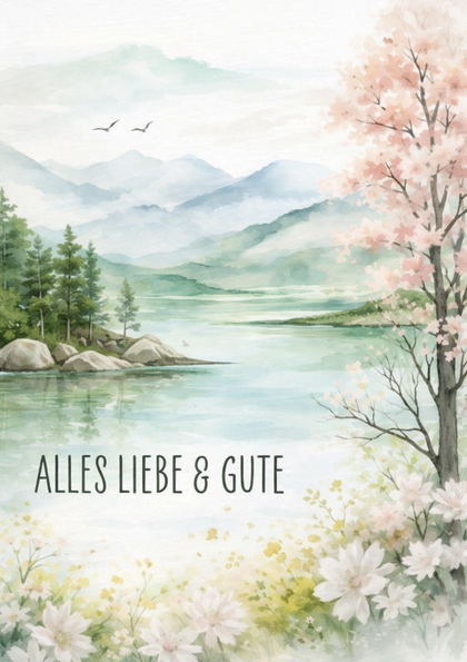 Watercolor lake and blooming spring landscape