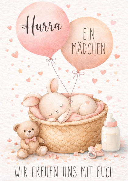 Sleeping bunny in a basket with balloons