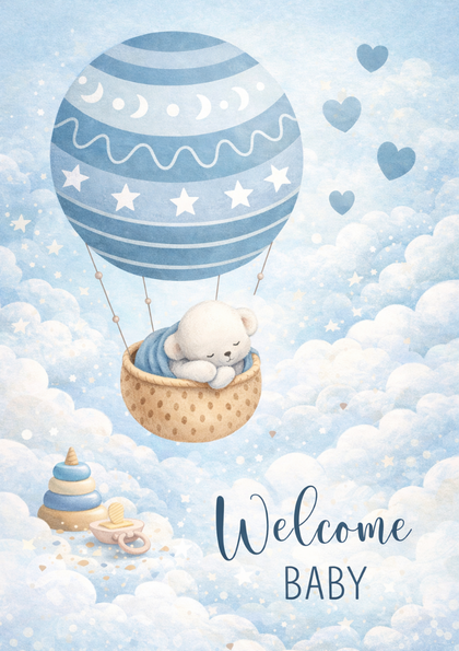Teddy in blue hot-air balloon over clouds