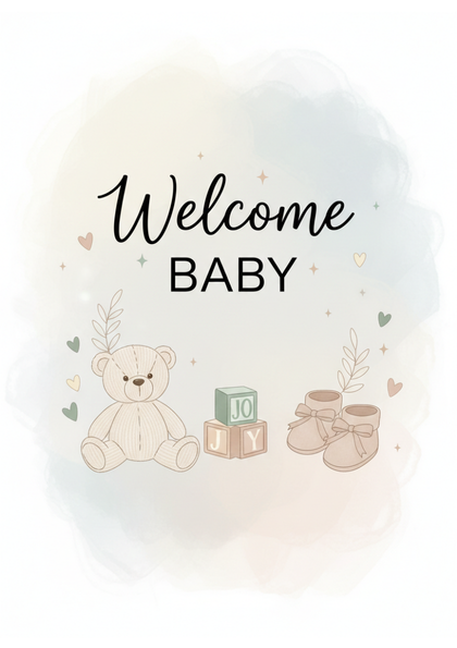 Baby card with teddy bear, blocks and shoes