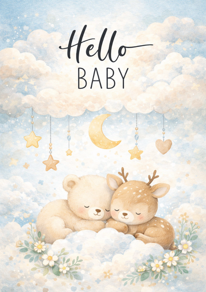 Sleeping bear and fawn on clouds under 'Hello Baby'