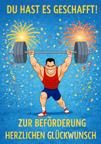 Cartoon weightlifter lifting a barbell with fireworks
