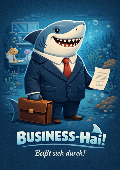 Cartoon shark in a business suit holding a briefcase and document