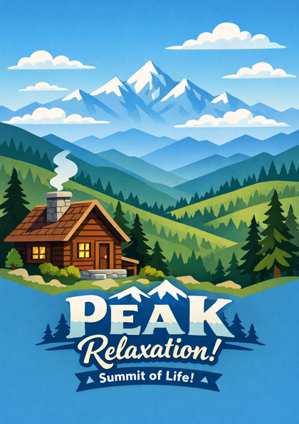 Mountain cabin with snowy peaks and pine forest