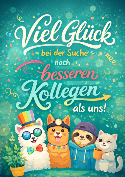 Colorful card with four playful animal coworkers
