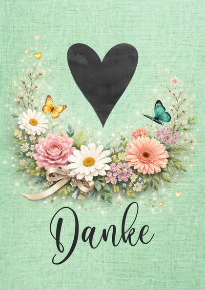 Thank-you card with floral wreath and heart