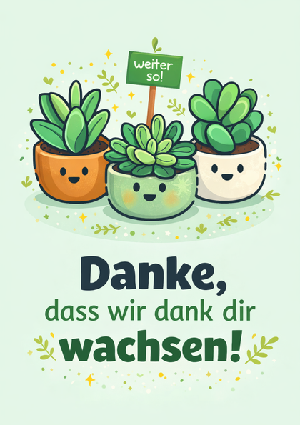 Three smiling potted plants on a thank-you card