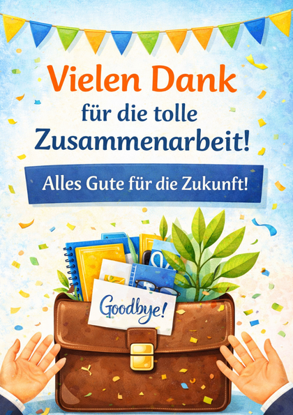 Thank-you card with briefcase, plants and confetti
