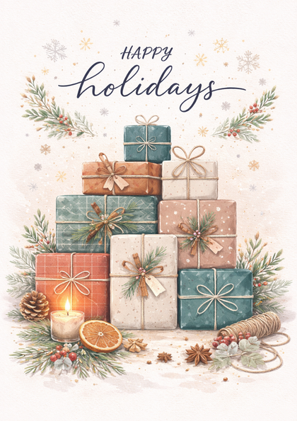 Stacked wrapped gifts with holiday greenery