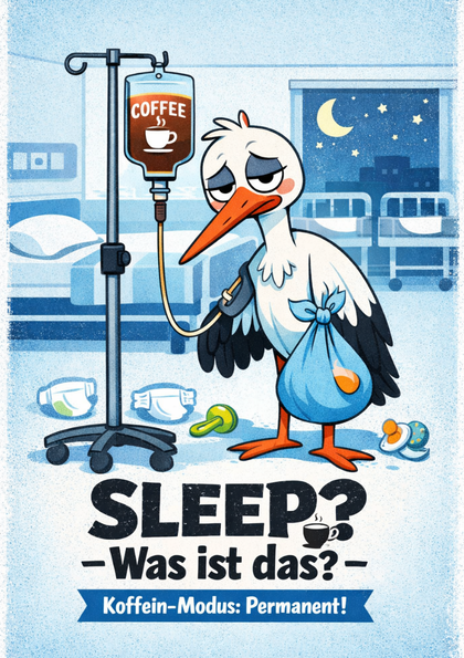 Weary stork hooked to a coffee IV in nursery