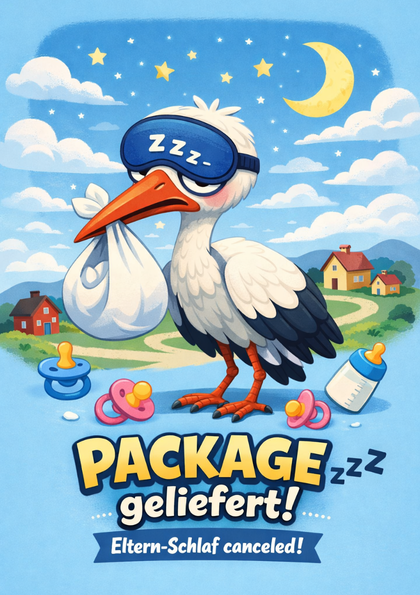 Cartoon stork with baby bundle and sleep mask