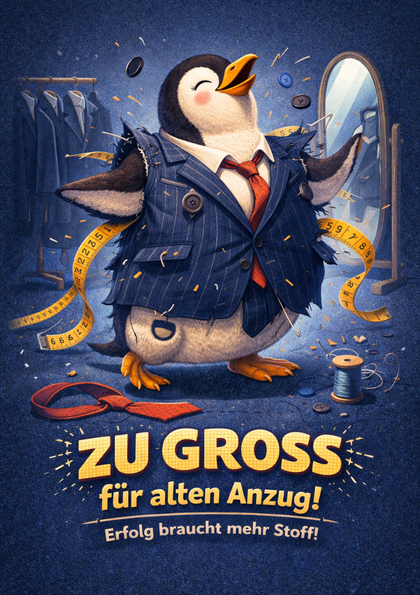 Penguin bursting out of an oversized pinstripe suit