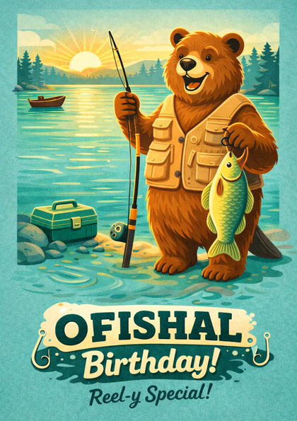 Smiling bear holding a fish by the lake