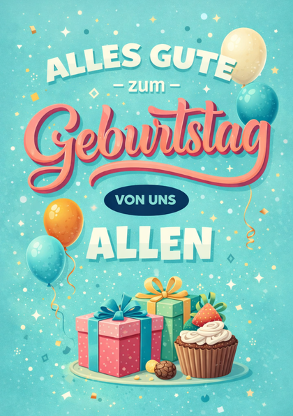 Birthday card with balloons, gifts and cupcake