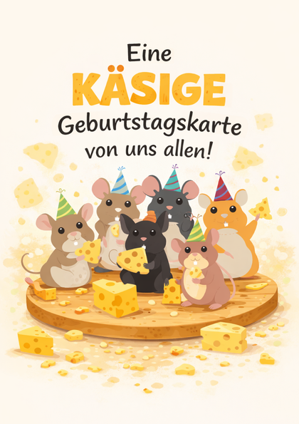 Cartoon mice with cheese on a round wooden board
