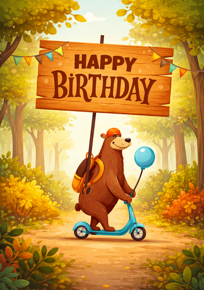 Bear on scooter with birthday sign