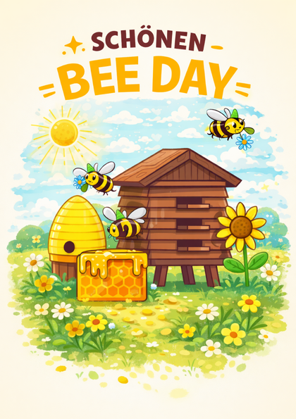 Greeting card with bees, hive and honey