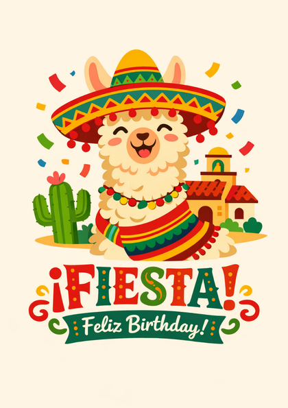 Smiling llama in sombrero with birthday greeting