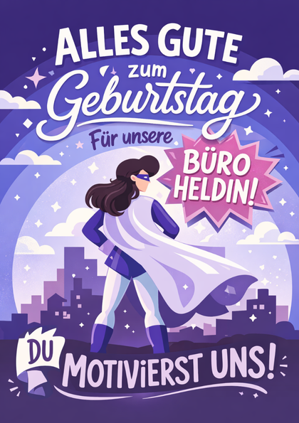 Purple birthday card showing a caped office superhero