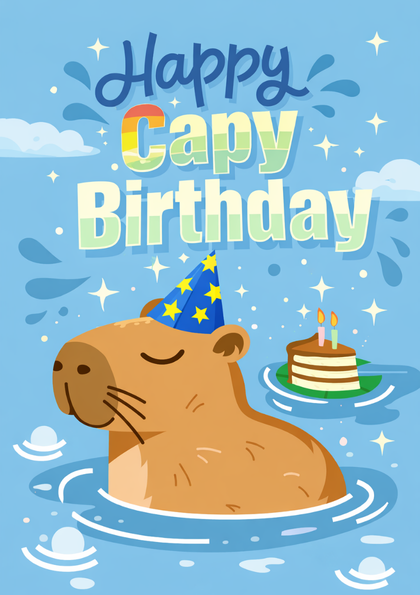 Capybara wearing a party hat beside a floating birthday cake