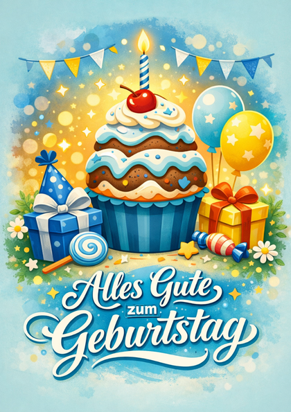 Birthday card with cupcake, balloons and gifts