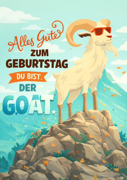 Cartoon goat wearing sunglasses on rocky peak