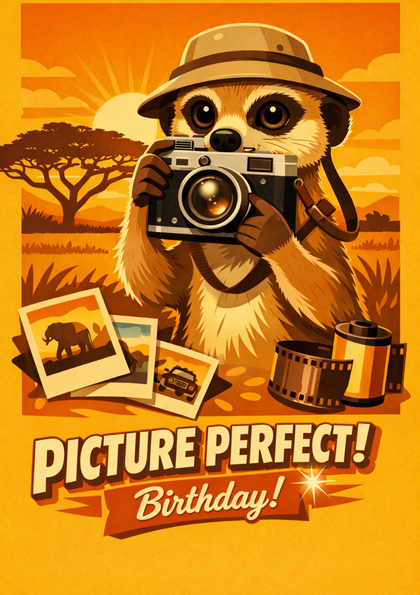 Meerkat photographer on a sunset birthday card