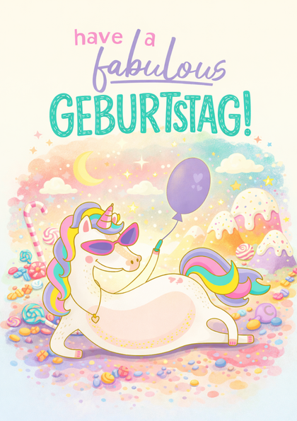 Pastel birthday card with relaxed unicorn and balloon