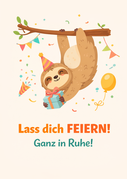 Cartoon sloth hanging from branch with birthday gift
