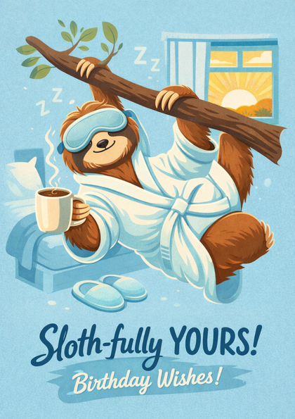 Cartoon sloth in robe holding coffee on branch